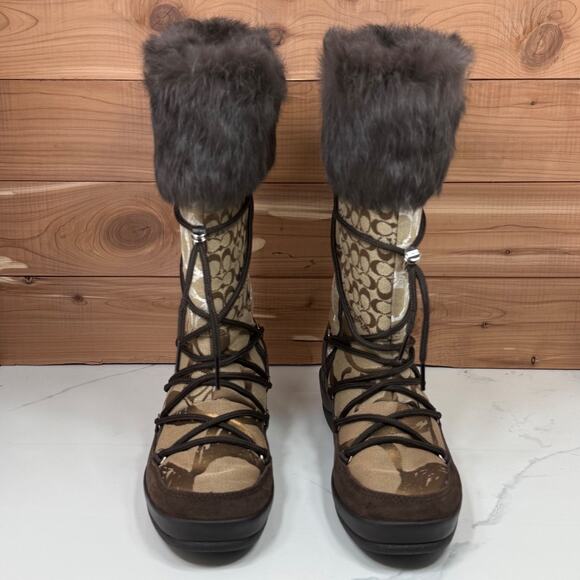 COACH Laurilyn Patchwork Winter Snow Boots KMT Khaki Multi Womens Size 6.5 - Picture 3 of 14